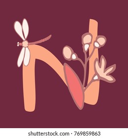 Personalized flower alphabet. Vector hand drawn floral monogram. Stylish letter "N" decorated with flowers. Perfect for posters, invitation, greeting card, webs graphics, blog, banner, logo