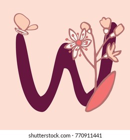 Personalized flower alphabet. Vector hand drawn floral monogram. Stylish letter "W" decorated with flowers. Perfect for posters, invitation, greeting card, webs graphics, blog, banner, logo