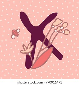 Personalized flower alphabet. Vector hand drawn floral monogram. Stylish letter "X" decorated with flowers. Perfect for posters, invitation, greeting card, webs graphics, blog, banner, logo