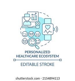 Personalized Healthcare Ecosystem Turquoise Concept Icon. Mental Health Trend Abstract Idea Thin Line Illustration. Isolated Outline Drawing. Editable Stroke. Arial, Myriad Pro-Bold Fonts Used