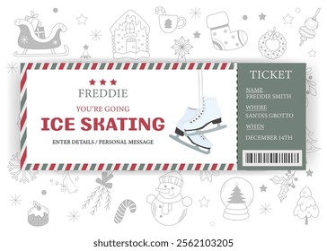 A personalized invitation to the rink. A ticket to figure skating. Vector illustration on the background of doodle drawing.