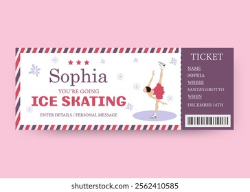 A personalized invitation to the rink. A ticket to figure skating. Vector illustration on pink background