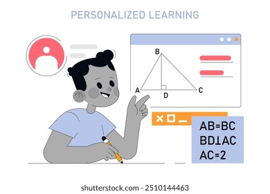 Conceito de aprendizado personalizado. Aula de geometria interativa no computador com um jovem aluno envolvido na resolução de problemas. Tecnologia educacional em uso. Ilustração vetorial.