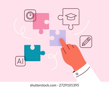 Concepto de aprendizaje personalizado. Microaprendizaje, educación digital y herramientas de IA para estudiar. Ilustración plana de Vector con fondo colorido.