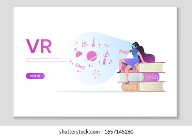 Personalized learning, stem education, academic system, futuristic technology, VR and AR in online learning. VR glasses technology website page. Vector illustration