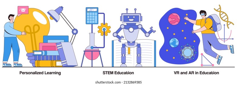 Personalized learning, stem education, VR, and AR in education concepts with people characters. Personal studying program, academic system, futuristic technology abstract vector illustration pack.