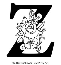 Personalized Letter Z Monogram, Black and White Floral Alphabet, Typography Logo Illustration