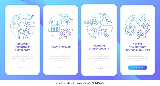 Personalized marketing achievement blue gradient onboarding mobile app screen. Walkthrough 4 steps graphic instructions with linear concepts. UI, UX, GUI template. Myriad Pro-Bold, Regular fonts used