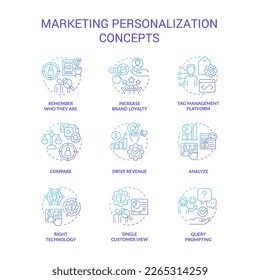 Personalized marketing blue gradient concept icons set. Improve customer online experience idea thin line color illustrations. Isolated symbols. Roboto-Medium, Myriad Pro-Bold fonts used