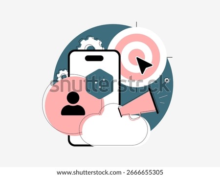 Personalized Marketing concept with smartphone, user profile, target symbol and megaphone. Brands use personal data to deliver target ad messages and improve audience engagement, vector illustration
