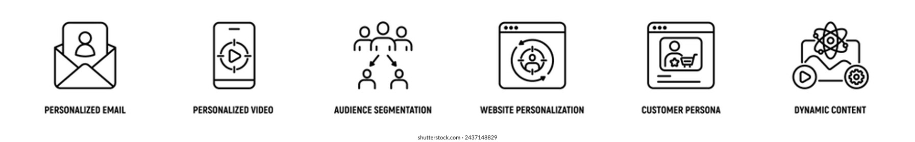 Personalized Marketing Line Icon Set, Editable Stroke. Personalized, Email, Video, Audience, Segmentation, Website, Strategy.