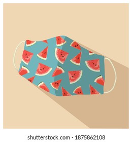 Máscara personalizada con la impresión de verano brillante de piezas de sandía. Ilustración vectorial en un estilo plano.