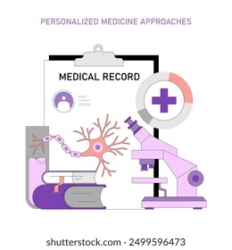 Concepto de enfoques de medicina personalizada. Atención médica personalizada basada en registros médicos individuales. Conexiones neuronales, lupa y Elementos microscópicos. Ilustración vectorial.