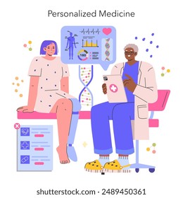 Personalisierte Medizin Konzept. Ärztin mit Tablette, die das maßgeschneiderte Gesundheitswesen mit dem Patienten diskutiert, inmitten von DNA und Gesundheitsdaten Grafiken. Vektorillustration.