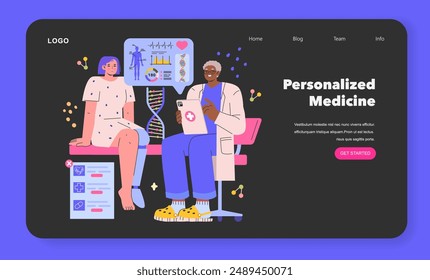 Concepto de medicina personalizada. Un paciente y un médico se comprometen con los datos genéticos para tratamientos a medida. Se ilustra la individualización del cuidado de salud. Ilustración vectorial.