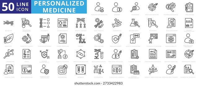 personalized medicine icon pack outline illustration contains biomarker, pharmacogenomics, metabolomic, proteomic, pharmacodynamic, biobank, omics, bioavailability, genotype, phenotype, bioinformatic