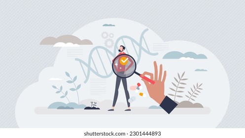 Personalisierte Medizin als individuelles Genprofil Checkup winzige Person Konzept. Krankheit, Krankheit oder Prävention von Gesundheitsproblemen mit vollständiger DNA-Diagnose, Vektorgrafik. Körperwissen im Krankenhaus.