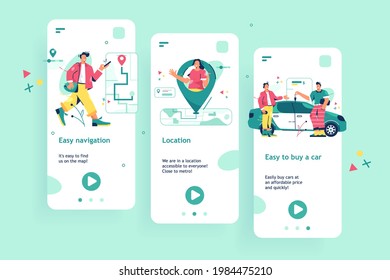 Personalized mobile ui design with pics vector illustration. Set of easy navigation, location, easy to buy car templates flat style. Unique smartphone interface concept. Isolated on green background