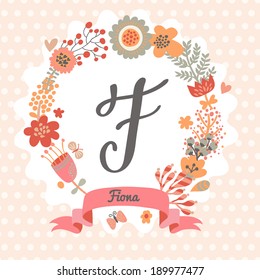 Personalized monogram in vintage colors. Stylish letter F. Can be used as greeting card, invitation card. Floral wreath in vector