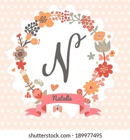 Personalized monogram in vintage colors. Stylish letter N. Can be used as greeting card, invitation card. Floral wreath in vector