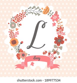 Personalized monogram in vintage colors. Stylish letter L. Can be used as greeting card, invitation card. Floral wreath in vector