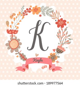 Personalized monogram in vintage colors. Stylish letter K. Can be used as greeting card, invitation card. Floral wreath in vector