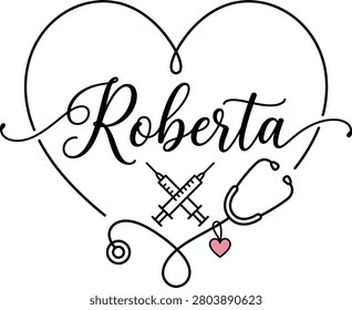 Personalized Nurse Name Typography Featuring Heart Outline, Crossed Syringes, Stethoscope and Custom Name Minimal Medical Line Art Design for Nurses, Healthcare Professionals, T-Shirts, Stickers and Print on Demand Isolated on White Background