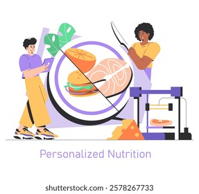 Personalized Nutrition concept. Individuals adopting 3D printed food technology for customized diets. Innovation in healthy eating. Vector illustration.