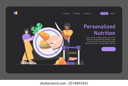 Personalized Nutrition concept. Interactive website for custom diet plans featuring 3D printed food options. Future of technology in health and wellness. Vector illustration.