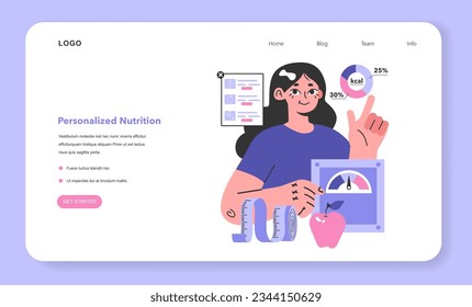 Personalized nutrition web banner or landing page. Mindful and healthy diet, tailored for a patient. Food consumption awareness for body health and vitality. Flat vector illustration