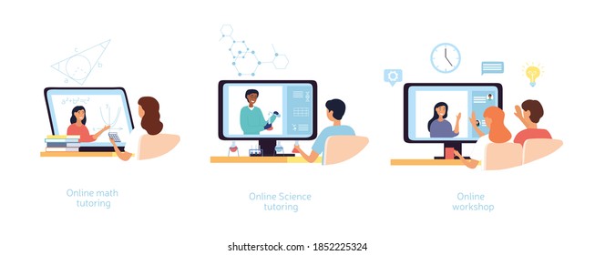 Personalized online learning concept. Video lessons, home schooling, modern educational platform science tutoring. Set of flat cartoon vector illustration.