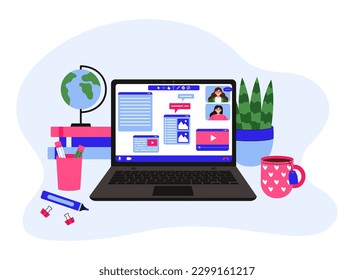 Personalized online tutoring with video conference. Video lessons, home schooling, modern technology. Flat vector illustration.