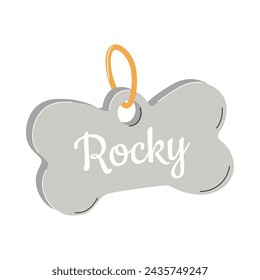 A personalized pet medallion. A bone-shaped tag with an address and a name for dogs. A simple flat vector illustration isolated on a white background