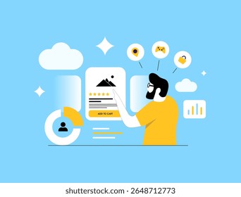 Personalized product recommendations. E-commerce platforms improve shopping experience using user behavior tracking. Personalized product recommendations increase marketplace sales illustration