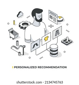 Personalized recommendation of the most relevant product to a user based on his behavior and profile. Isometric vector illustration with isolated objects