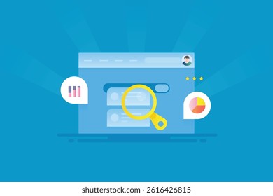 Personalized search experience, Browsing internet, Search engine displaying personalized search result according user behavior - vector illustration background with icons