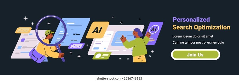 Personalized search optimization AI analysis concept with diverse characters examining digital data on a dark background for a website banner