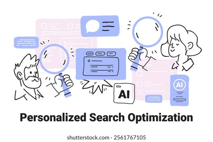 Personalized search optimization AI concept people using magnifying glasses analyzing data minimalist sketch style web design template