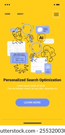 Concepto de optimización de búsqueda personalizada con personas que examinan Elementos digitales utilizando lupas en una pantalla de aplicación móvil de estilo minimalista dibujado a mano