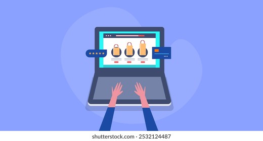 Compras personalizadas, marketing de Sitios web de comercio electrónico, ofertas de compras personalizadas para Clientes - fondo de Ilustración vectorial con iconos