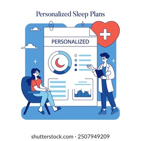 Personalized Sleep Plans concept. Doctor presenting tailored sleep recommendations to a patient for improved nighttime wellness. Vector illustration.