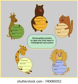 Personalized stickers with animals for marking children's objects in the kindergarten and school. Vector illustration.