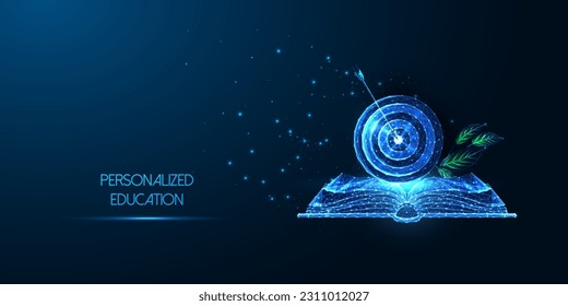 Personalized training, Individualized learning, skill development futuristic concept with open book and target in glowing low polygonal style on blue background. Abstract design vector illustration