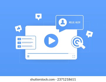 Marketing de contenido de vídeo personalizado: creado y personalizado para un visor individual específico. Vector de vídeo marketing personalizado ilustración aislada en fondo azul con iconos