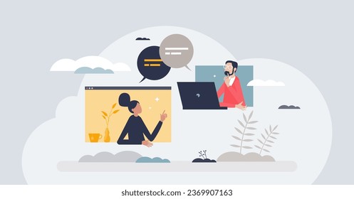 Personalisierte virtuelle Kommunikation mit Video sprechen winzige Person Konzept. Ferne Online-Verbindung mit professioneller Arbeitsdiskussion Vektorgrafik. Digitaler Remote-Anruf mit Bildschirmfreigabe.
