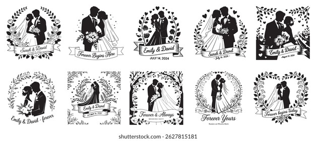 Personalized Wedding Couple Silhouettes with Names and Dates – Romantic Floral Frame Vector Set for Invitations