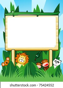 Personalized wooden sign, surrounded by animals of the jungle. Vector
