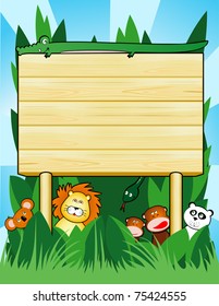 Personalized wooden sign, surrounded by animals of the jungle. Vector