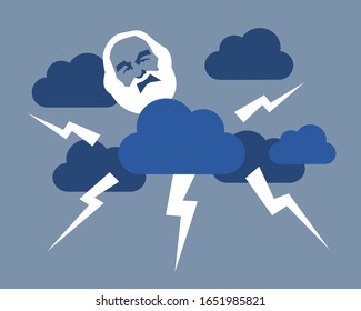 Personification of angry God. Greybeard old man is on the sky and creating natural disaster - godly and divide punishment and retribution. Vector illustration