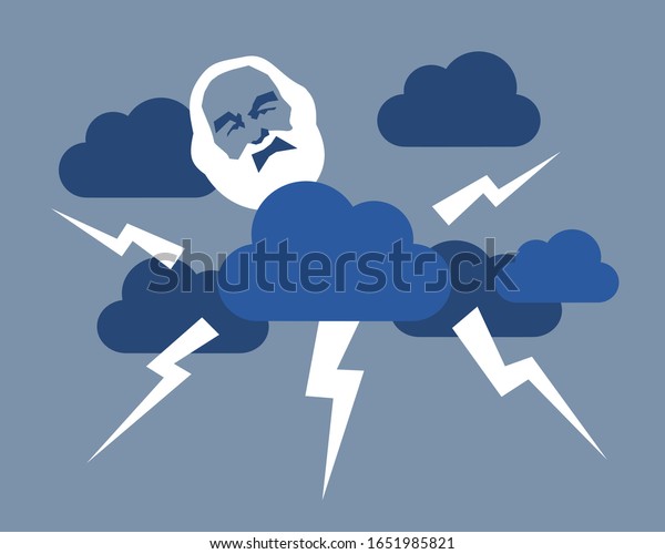 Personification of angry God. Greybeard old\
man is on the sky and creating natural disaster - godly and divide\
punishment and retribution. Vector\
illustration
